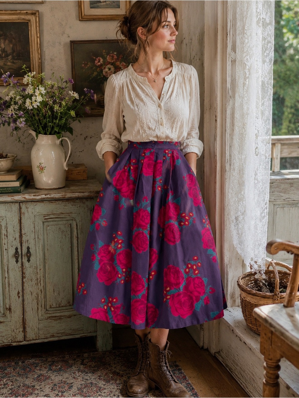 VTG Laura Ashley Made in Great Britain Wool Floral Midi Skirt Rose Print Pockets